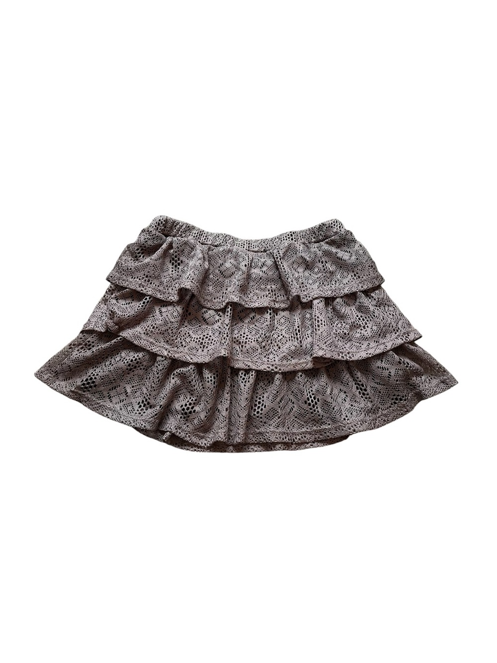 Vintage Y2K Brown Crochet Lace Tiered Ruffle Mini Skirt Boho Festival Cowgirl